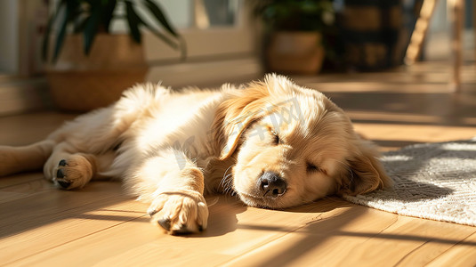 一只狗睡在地板上摄影配图