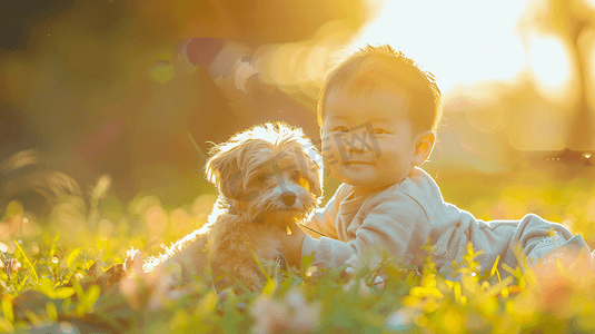 草坪上的婴儿和狗狗摄影4