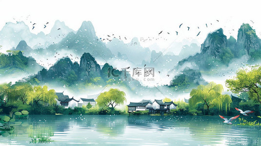 水墨高山水乡合成创意素材背景