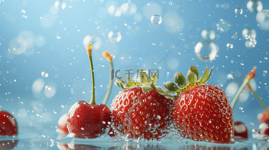 清洗羽绒服背景图片_蓝色夏季草莓清洗水果背景