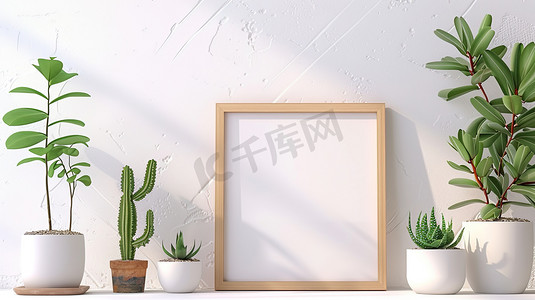电商植物装饰摄影照片_绿植盆栽装饰的木质展示框图片