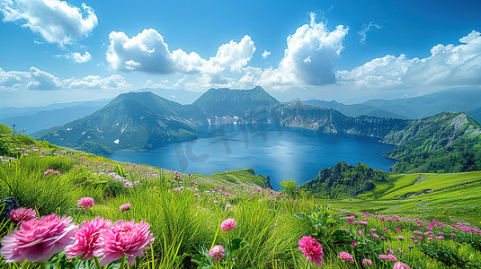 青山环绕的广阔蓝湖摄影图