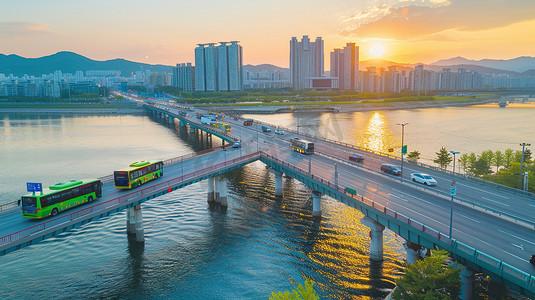 城市摄影照片_连接城市两岸的大桥图片