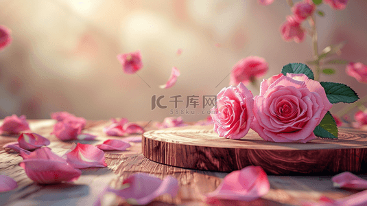 粉色圆柱背景图片_粉色520装饰花朵展台电商背景