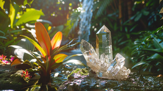 水晶背景图片_花园植物水晶合成创意素材背景