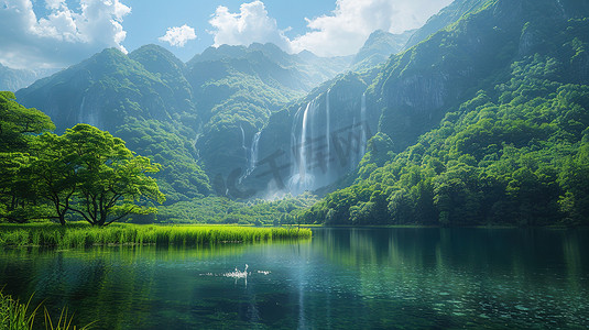 广阔的绿色草原高山瀑布摄影照片