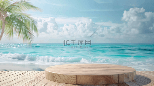 蓝色夏季清凉海边沙滩圆柱电商展台背景