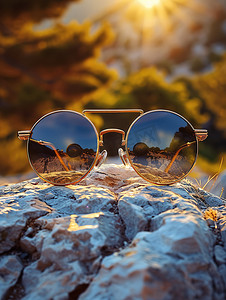 夏天摄影照片_岩石上的太阳眼镜墨镜图片