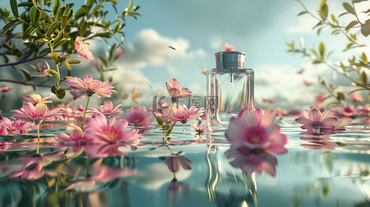 香水素材背景背景图片_鲜花香水水面合成创意素材背景