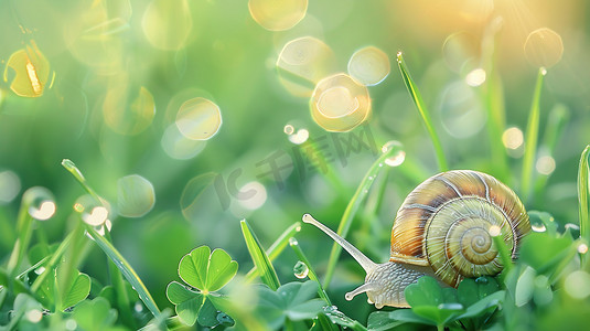 青草地上的蜗牛和水珠图片