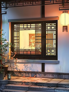 中式风格外墙窗户摄影照片