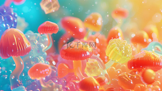 水果背景创意背景图片_蘑菇软糖水果合成创意素材背景