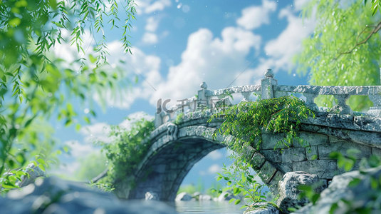 拱桥柳树白云合成创意素材背景