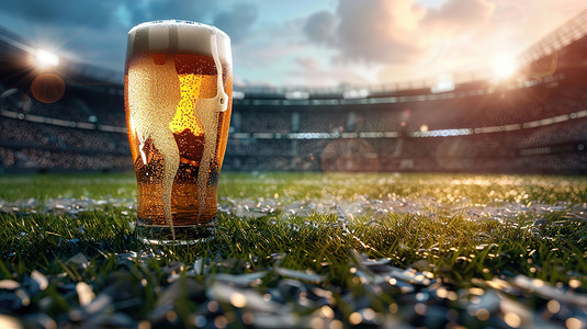 啤酒摄影照片_足球场背景一杯啤酒图片