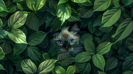 猫咪绿叶围绕合成创意素材背景