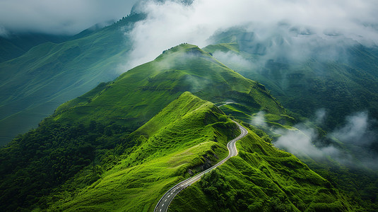 高山草原山顶上的蜿蜒道路图片