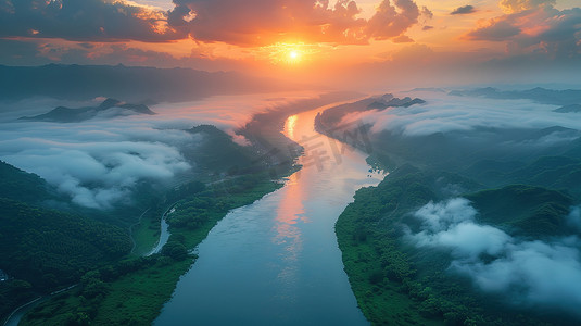 天空摄影照片_航拍壮观的河流大自然景观高清摄影图