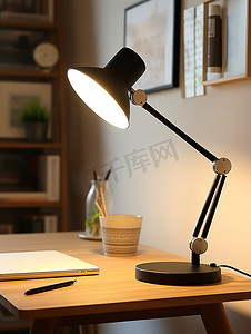 现代办公桌上的黑色台灯摄影图