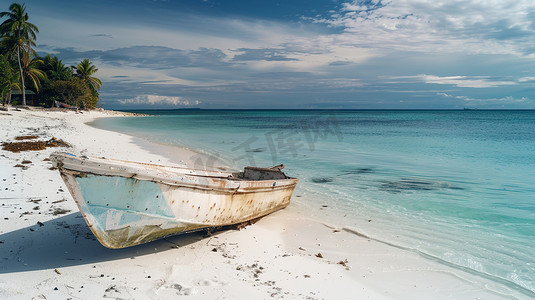 蔚蓝的海边沙滩上的一条小船图片