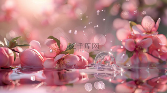 桃花背景图片_桃花桃子水面合成创意素材背景