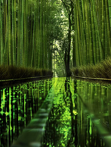 翠竹摄影照片_绿竹林中的雨后小路图片