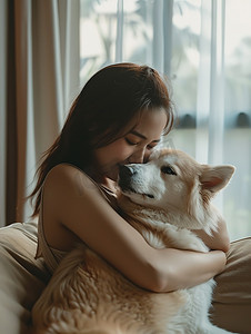 女人和狗坐在沙发上摄影配图