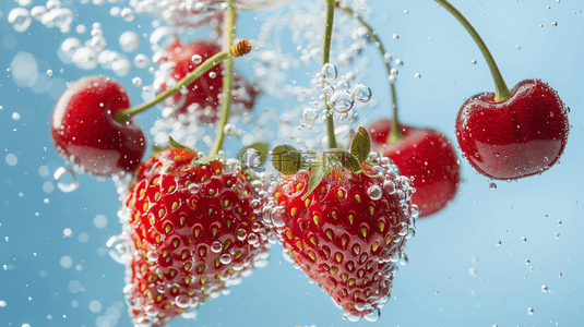 蓝色夏季草莓清洗水果背景