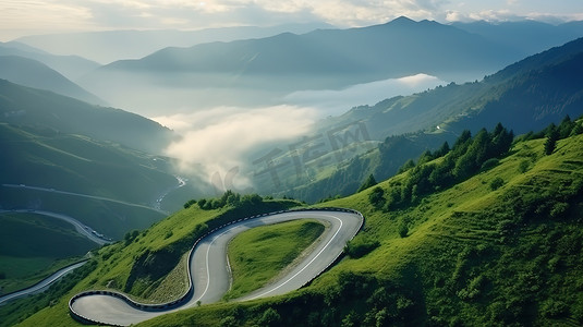 缭绕云雾摄影照片_高山草原山顶上的蜿蜒道路摄影配图