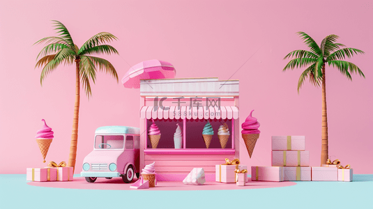 冰淇淋夏日背景图片_3D夏日芭比粉冰淇淋摊位设计图