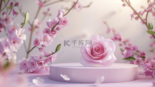 粉色立体花朵背景图片_粉色520花朵3D立体装饰圆柱电商背景