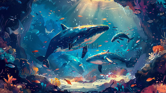 酸性鲸鱼背景图片_深海鲸鱼珊瑚合成创意素材背景