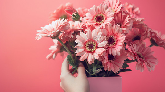 情人节粉色花朵摄影照片_手拿一瓶粉色鲜花图片