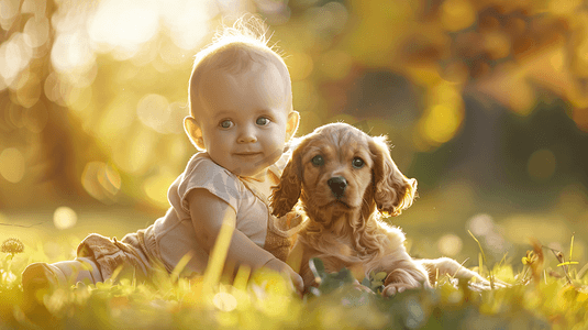草坪上的婴儿和狗狗摄影7