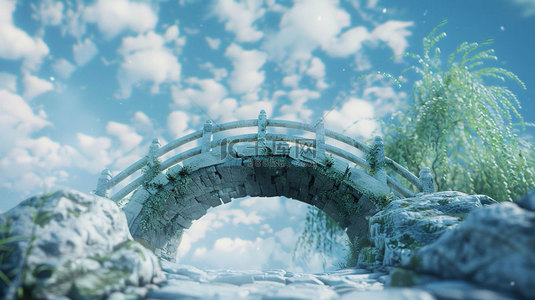 拱桥背景图片_拱桥柳树白云合成创意素材背景