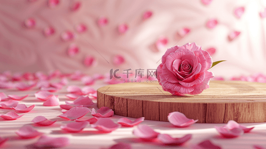 展台电商背景图片_粉色520装饰花朵展台电商背景