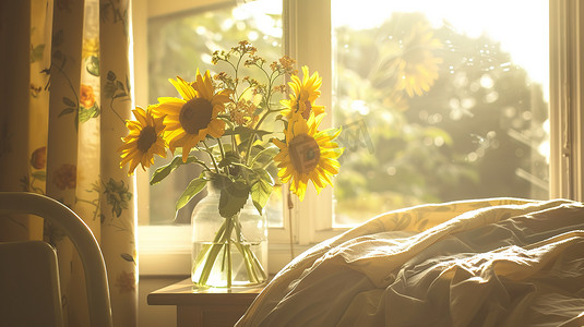 太阳向日葵摄影照片_床上放着一瓶向日葵照片