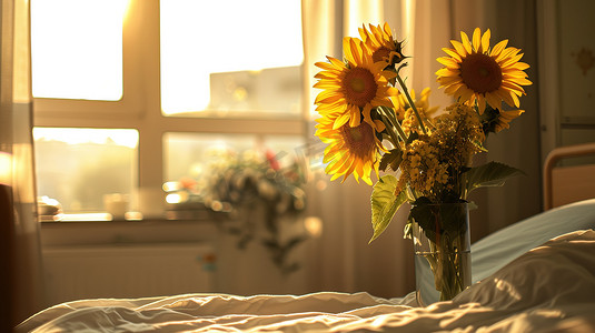 太阳向日葵摄影照片_床上放着一瓶向日葵高清图片