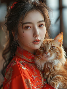 女人抱着一只可爱的猫照片