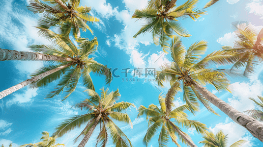 蓝天自然背景背景图片_蓝色夏季海边椰子树装饰背景