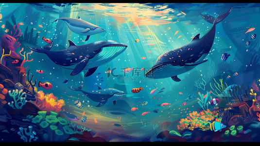 创意鲸鱼背景图片_深海鲸鱼珊瑚合成创意素材背景