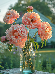 淡粉色牡丹花朵插花摄影图