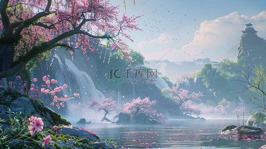 落花背景图片_落花流水亭阁合成创意素材背景