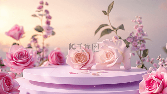 电商浪漫背景图片_粉色520花朵3D立体装饰圆柱电商背景