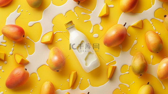 叉子叉着芒果背景图片_黄色芒果牛奶合成创意素材背景