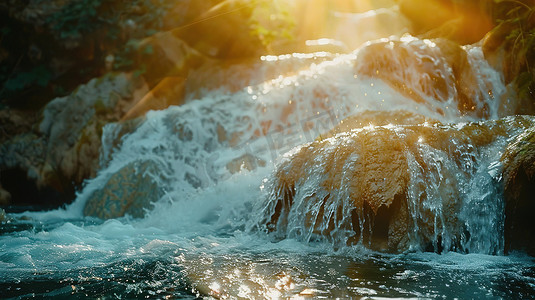 瀑布水流细节阳光高清摄影图