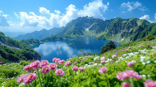 青山环绕的广阔蓝湖图片