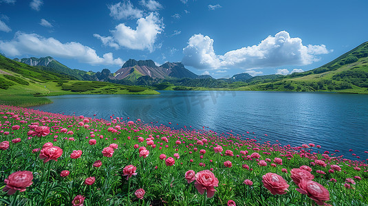 青山环绕的广阔蓝湖高清摄影图