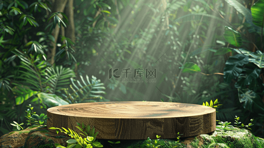 童装电商图背景图片_绿色夏季热带雨林电商圆柱展台背景