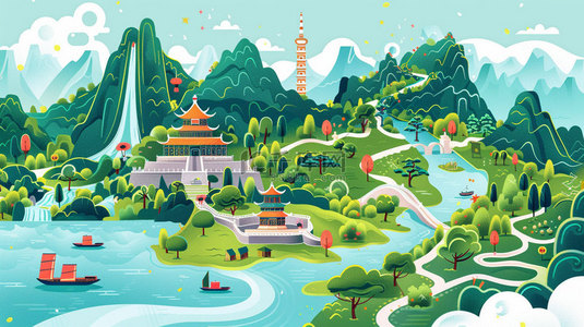 贵州古镇图背景图片_卡通古镇山水合成创意素材背景