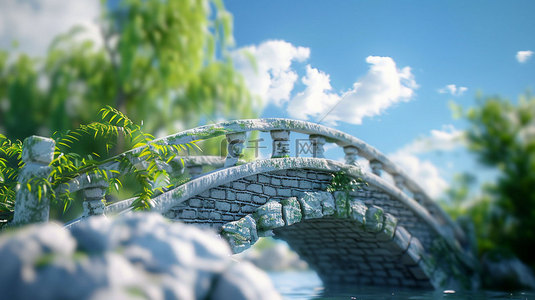 拱桥柳树白云合成创意素材背景